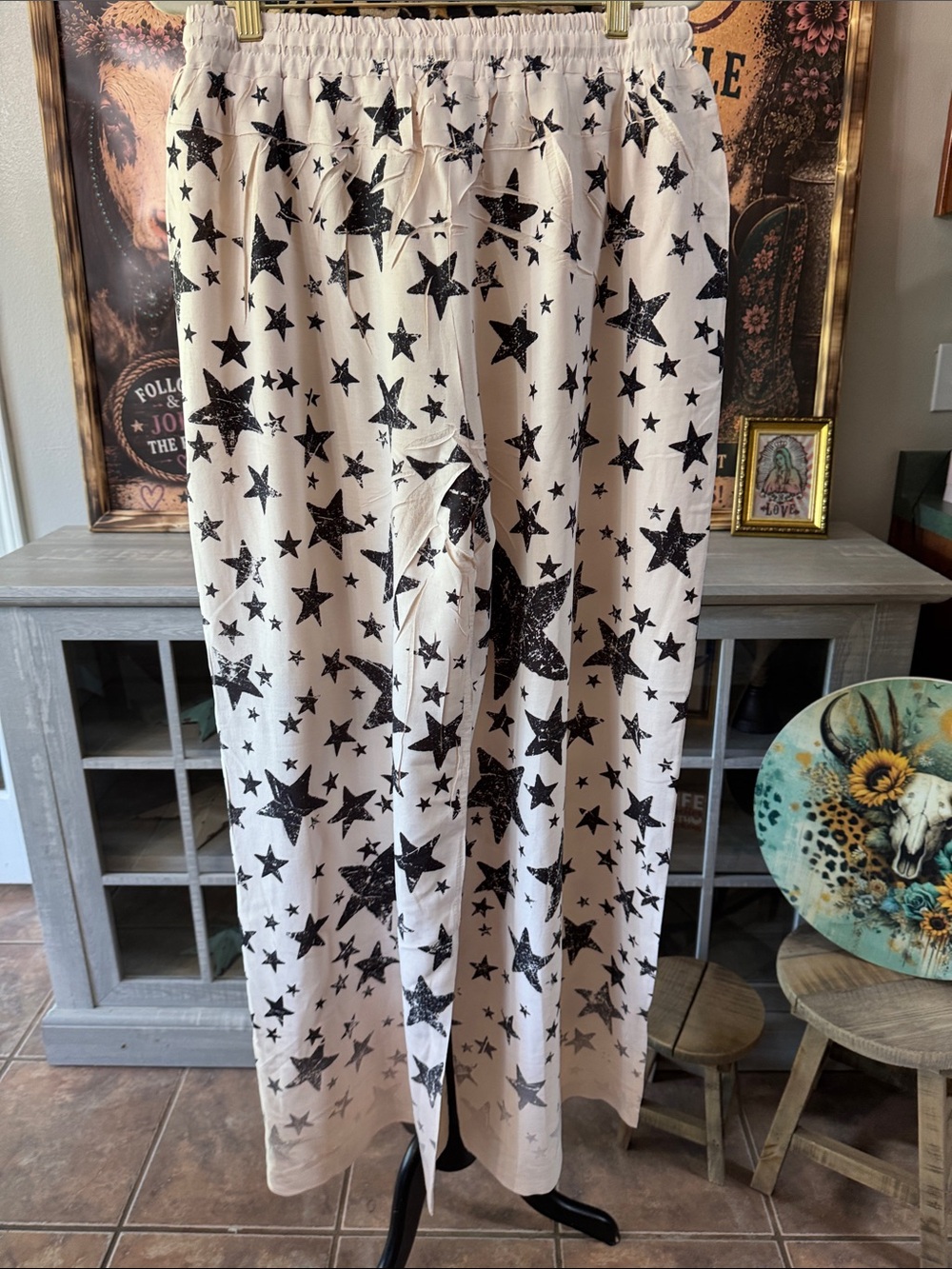 Origami Drawstring Wide-Leg Star Print Pants - White/Black Sz XL